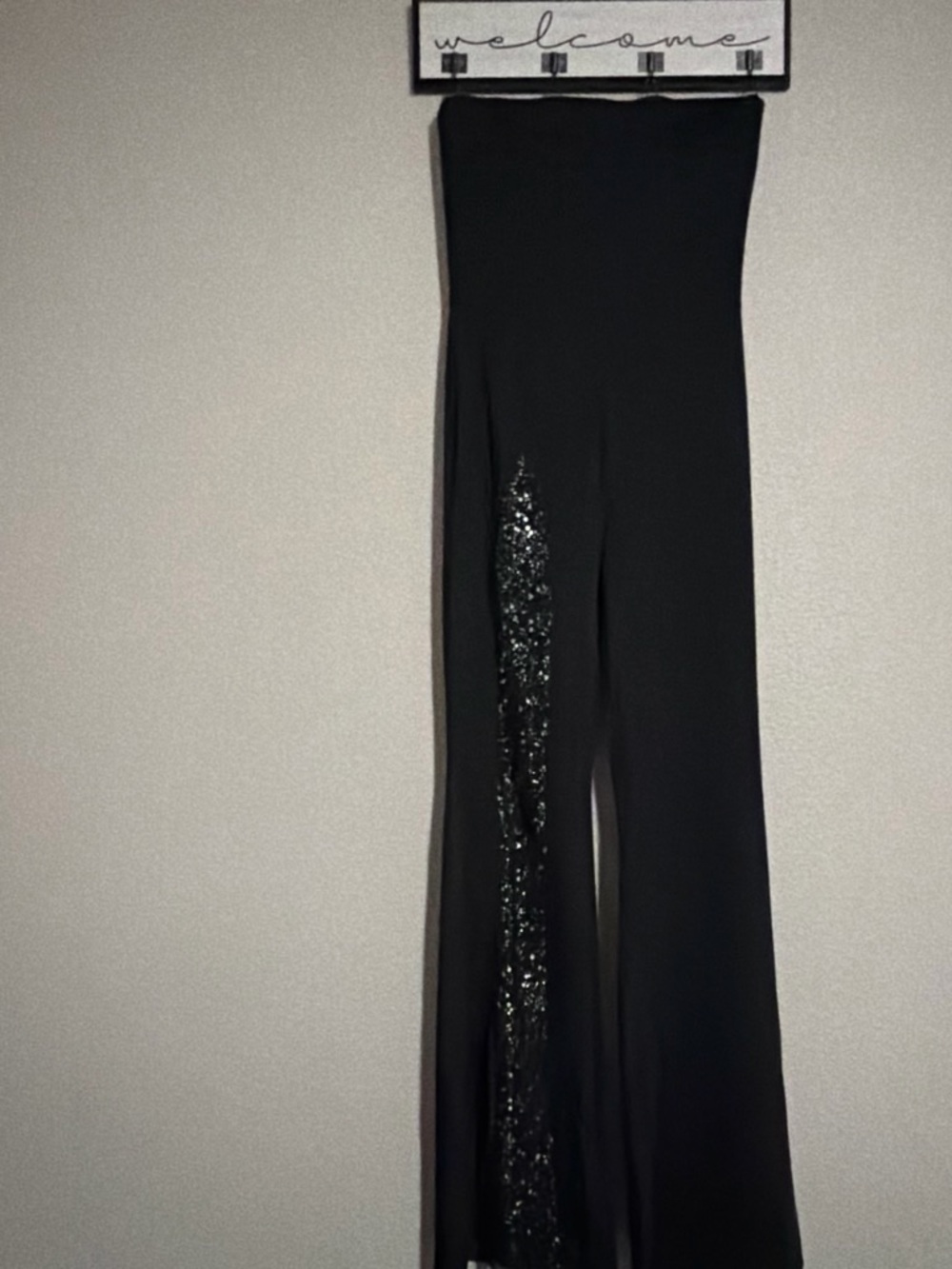 Black High-Rise Wide Leg Pants with Sequin Inset